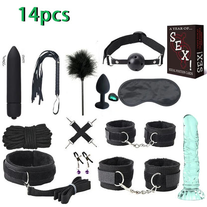 Erotic Sex Toys For Women Adults Games Nylon 16pcs Bondage BDSM Kits Handcuffs Sex Whip Mouth Gag Dildo Vibrator Anal Plug
