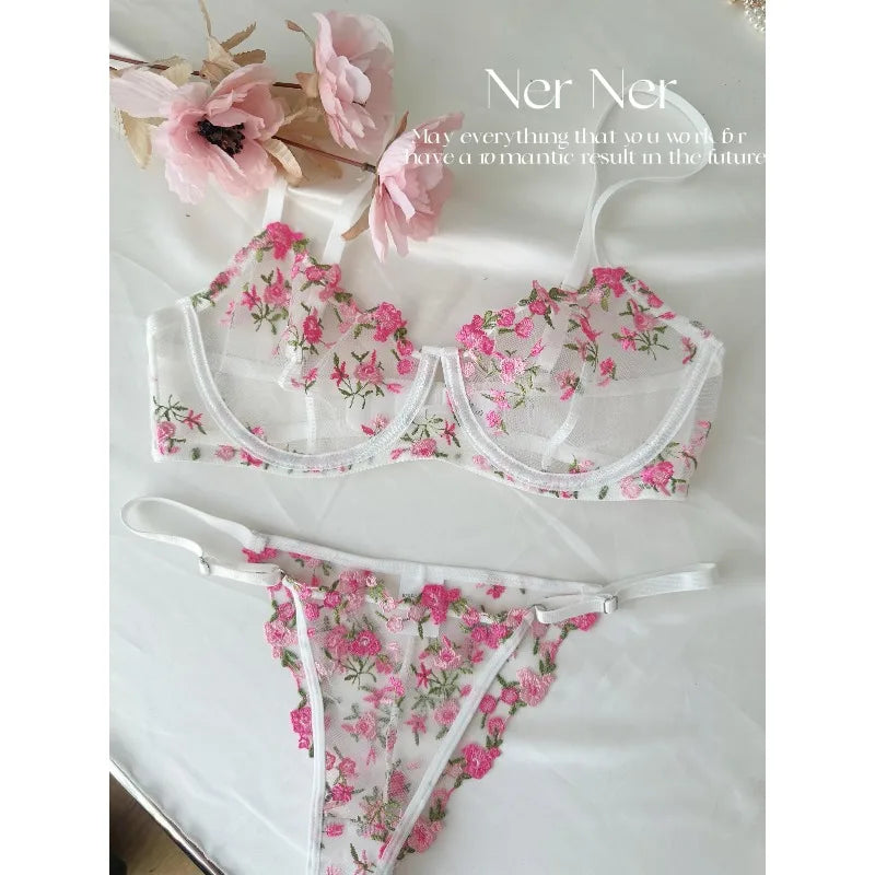 Pure & Sexy Japanese Lingerie Set, Pink Floral Tulle with Embroidery, Harajuku Style Aesthetic Set BANERDANNI Sexy Panty &Tusjy