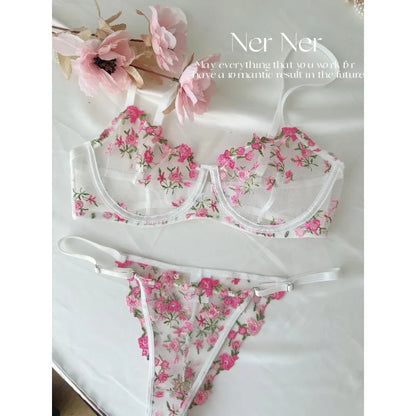 Pure & Sexy Japanese Lingerie Set, Pink Floral Tulle with Embroidery, Harajuku Style Aesthetic Set BANERDANNI Sexy Panty &Tusjy
