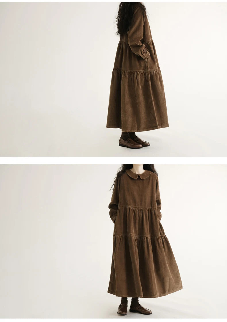 Japanese Style Long Sleeve Corduroy A-Line Dress Loose Slimming Simple Design Women's plus Size Dress Daily Wear Long Dress