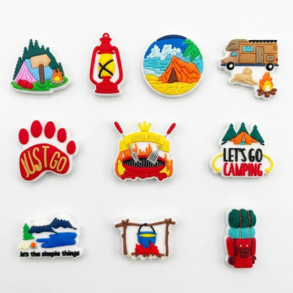 10Pcs Go Camping Tent Backpack PVC Shoe Charms Buckle Clog Sandals Shoes Decoration Hole Slipper Accessories Holiday Present