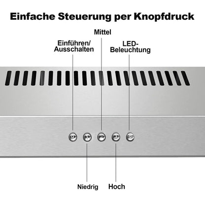 60cm Under Cabinet Range Hood 201m³/h, Stainless Steel, 3-Speed Button Control, Activated Carbon Filters