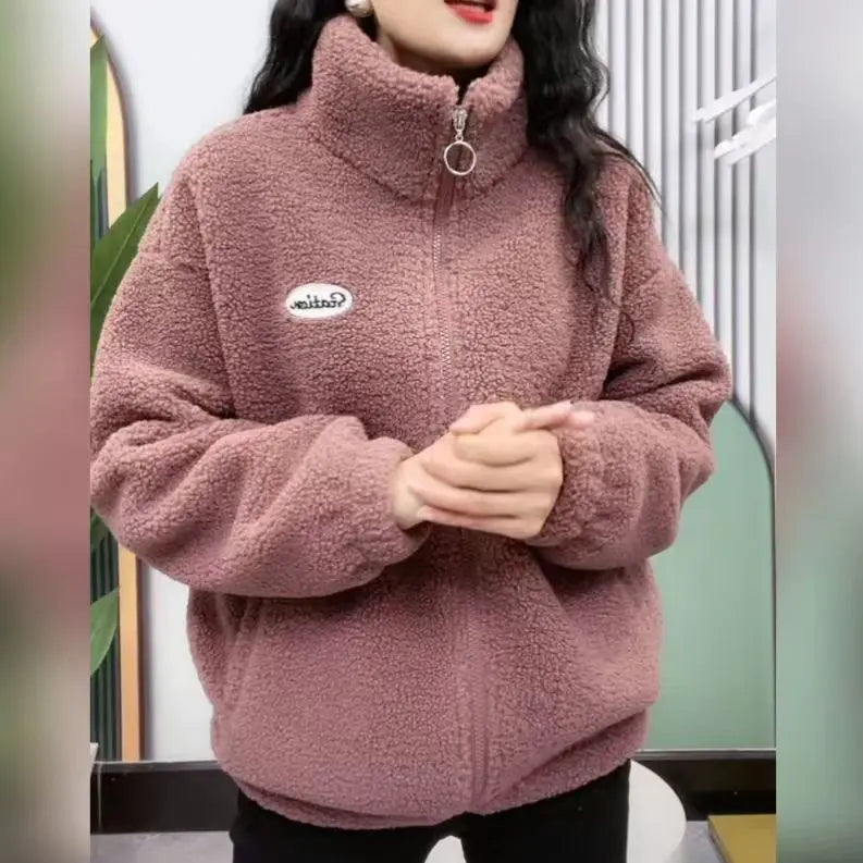 Thickened Fleece Women's Zipper Hoodie Lamb Velvet Jacket Autumn Winter Warm Fashionable Casual Long Sleeve Stand Collar Coat