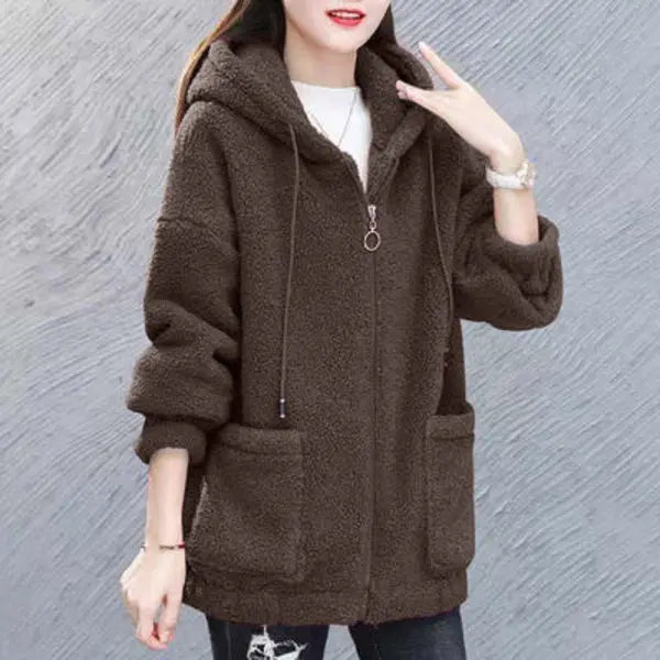 Lamb Velvet Jacket with Hood Women's Fleece Lined Thickened Sweatshirt Casual Top Pure Color Versatile Long Sleeve Regular Le...