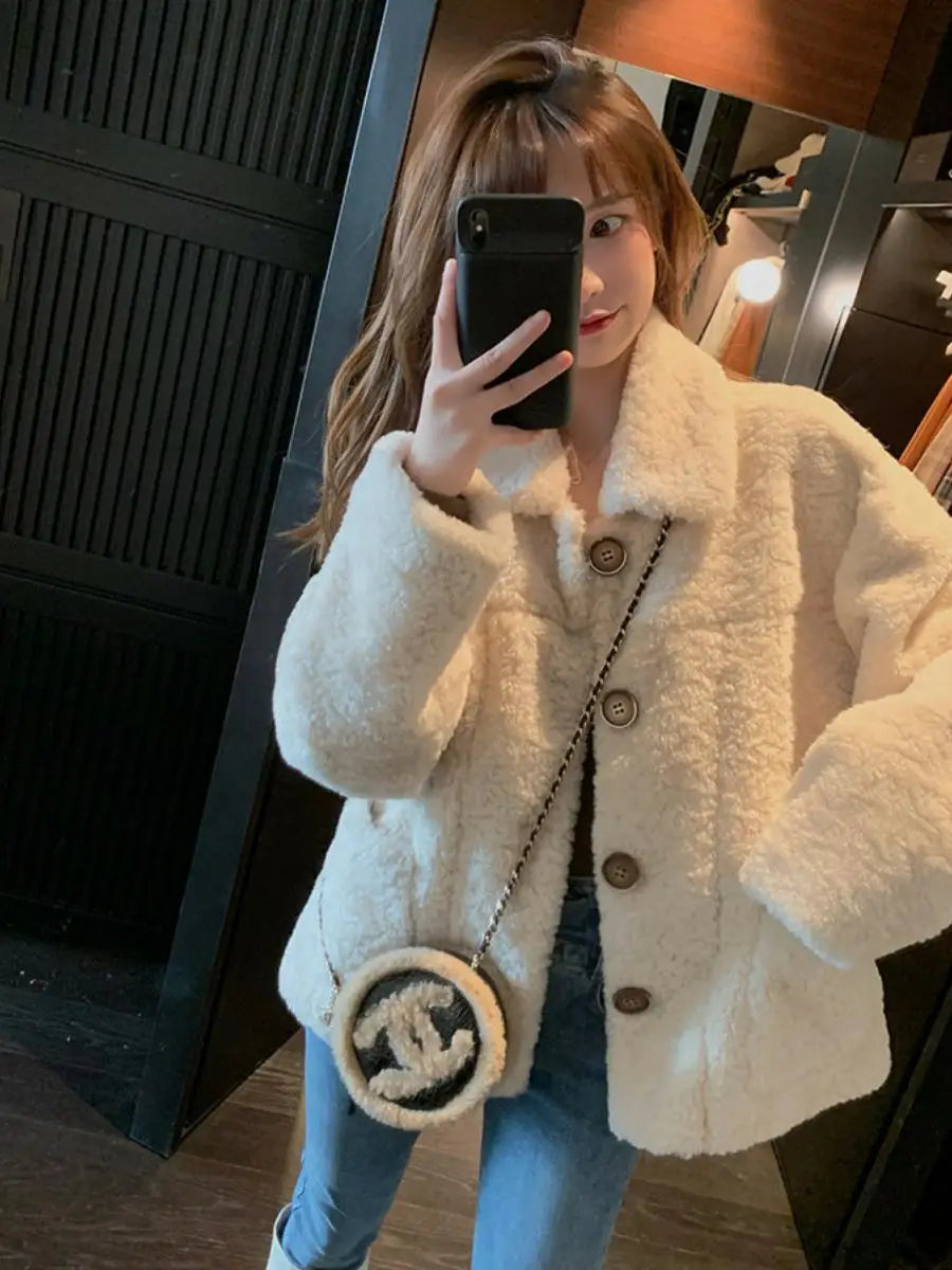 Lamb Fur Hoodie Jacket Women's Short Loose Style Korean Version Student Versatile Trendy Cardigan Top for Autumn Winter