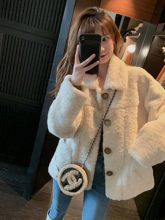 Lamb Fur Hoodie Jacket Women's Short Loose Style Korean Version Student Versatile Trendy Cardigan Top for Autumn Winter