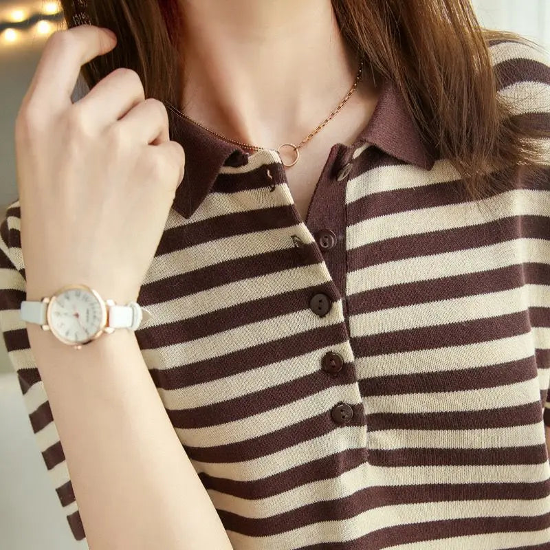 Women's Summer Cotton Yarn Knit Top, Polo Collar Striped Print Slim Fit Short Sleeve Pullover, Elegant Casual Wear