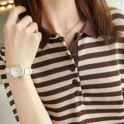 Women's Summer Cotton Yarn Knit Top, Polo Collar Striped Print Slim Fit Short Sleeve Pullover, Elegant Casual Wear