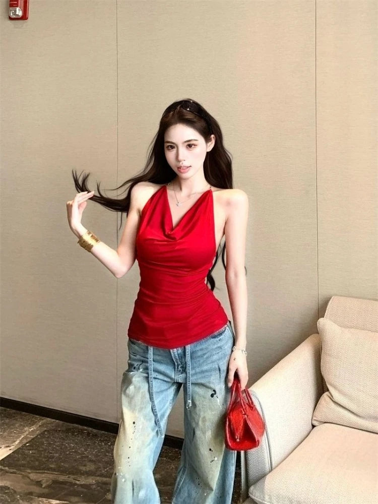 Women's Summer Cowl Neck Tank Top with Chain Strap Sexy Open Back Sleeveless Cami Y2K Streetwear Crop Top