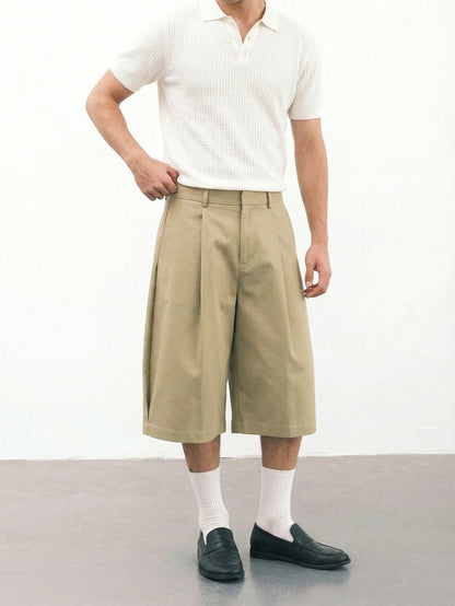 2026 SS New, Men's Solid Woven 7/8 Suit Pants,  Button Pleated, Loose Straight Cropped Trousers, Daily Commuter Streetwear
