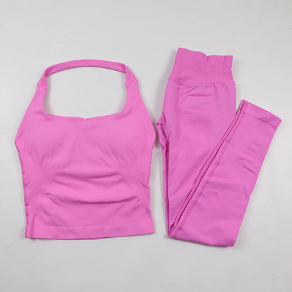 Women's Halter Neck Backless Yoga Set Seamless 2-Piece Outfit Ribbed High-Waist Scrunch Shorts Butt Lifting Gym Pilates Fitness