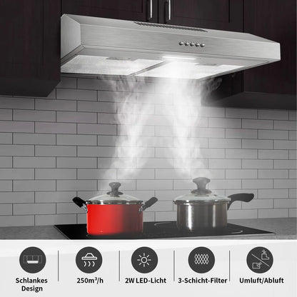 60cm Under Cabinet Range Hood 201m³/h, Stainless Steel, 3-Speed Button Control, Activated Carbon Filters