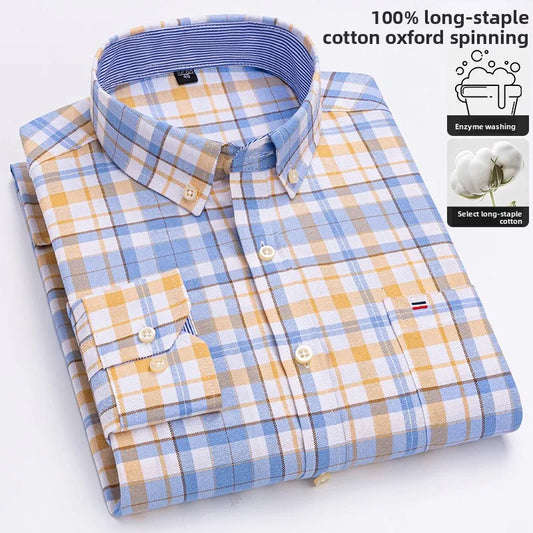 100% cotton men's long-sleeved shirt, casual plaid cotton shirt for young and middle-aged people, large size, authentic shirt