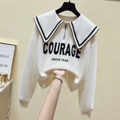 Teenage Girl's Fleece Lined Thickened Navy Collar Sweatshirt Small Size Winter Fashionable Clothing School Sweet Style Zipper