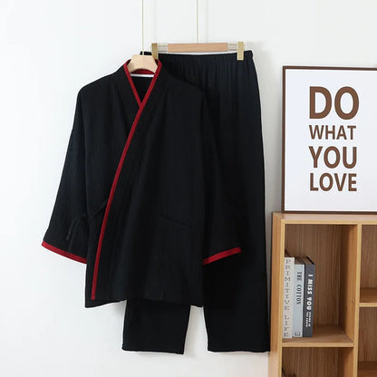 Spring Autumn Japanese Color Blocked Cotton Crepe Kimono Mens Pajamas Set Thin Lace-Up Top + Pants Loose Two-piece Male Homewear