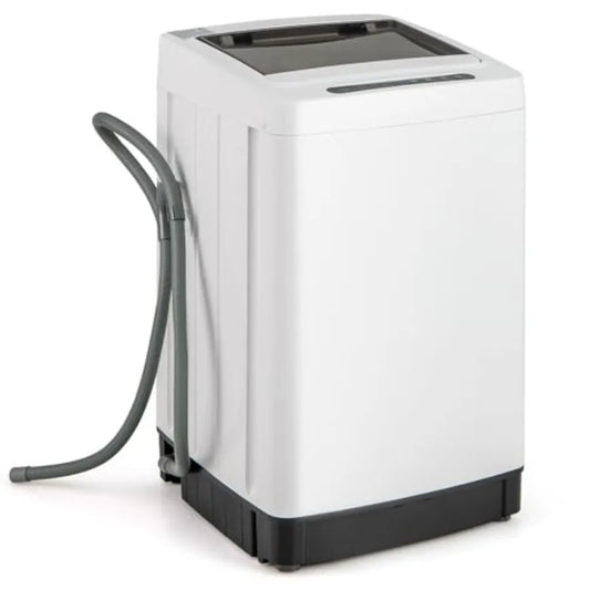 Portable washing machine for apartment and RV use, white plastic unit with full automatic operation, 8 wash modes, 10 water lev