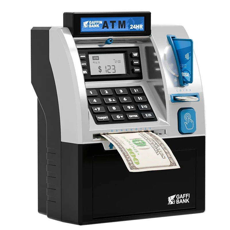 Children Mini Bank Electric ATM Machine Simulation Savings Piggy Bank with Power-Off Memory and Debit Card Pretend Toys for Kids