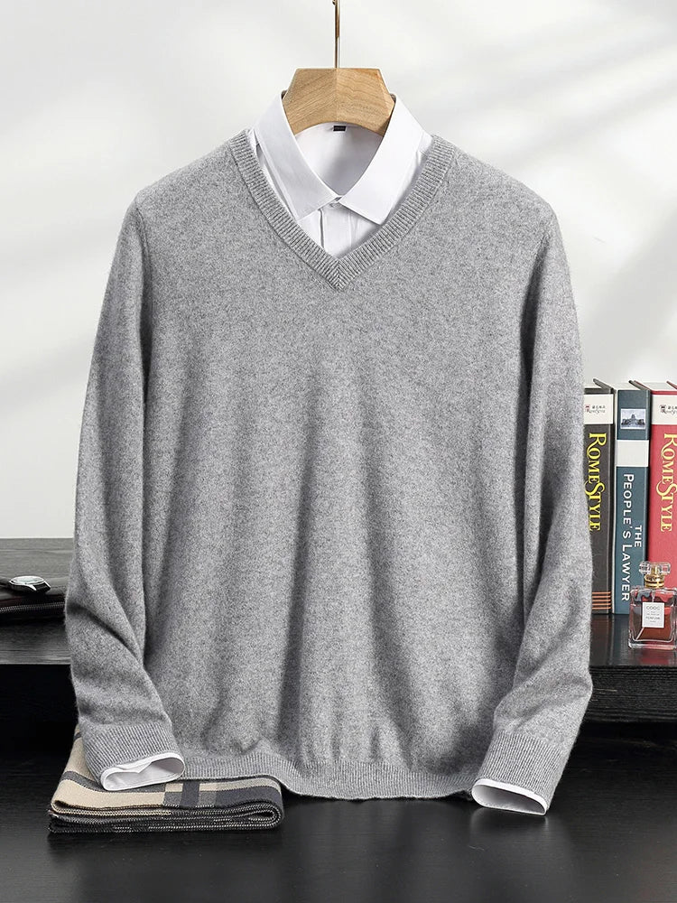 100% Cashmere Sweater Men's V-Neck Knit Pullover 2025 Spring/Autumn New Solid Color Long Sleeved Tops Business Casual Menswear