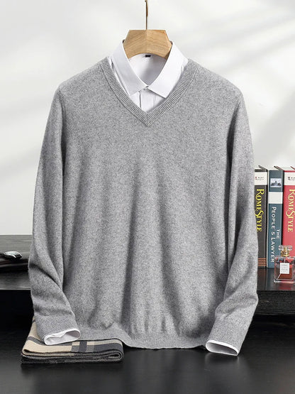 100% Cashmere Sweater Men's V-Neck Knit Pullover 2025 Spring/Autumn New Solid Color Long Sleeved Tops Business Casual Menswear