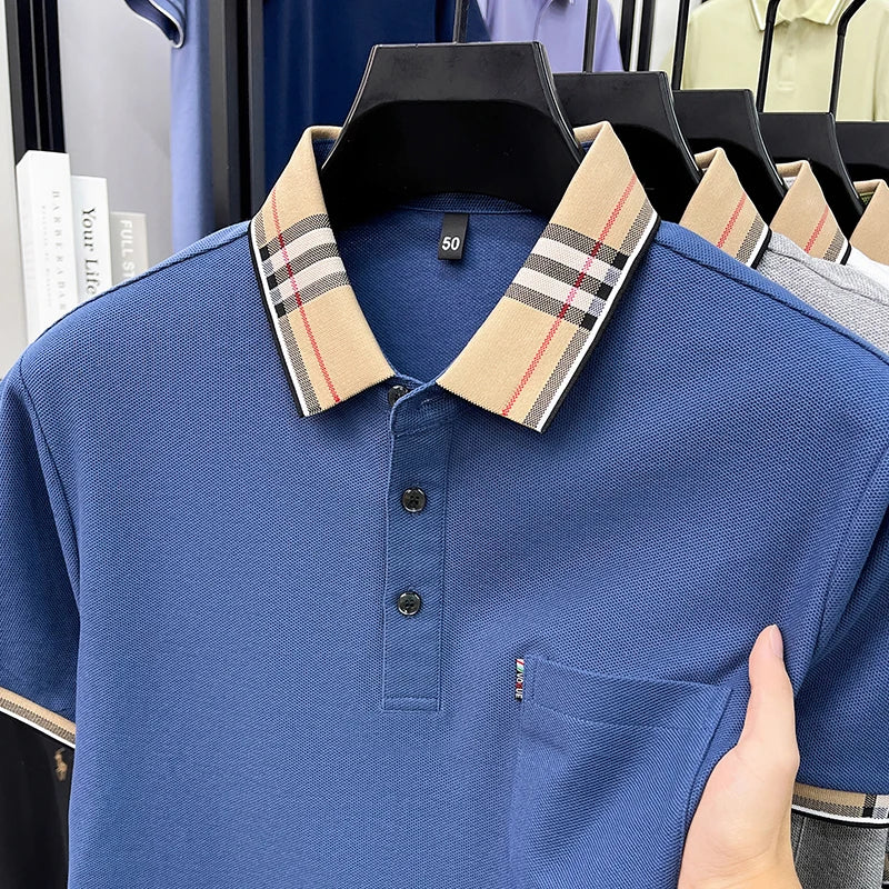 100% Pure Cotton Short Sleeved T-shirt for Men Summer Collar Middle-aged Casual Real Pocket Dad's Polo Shirt