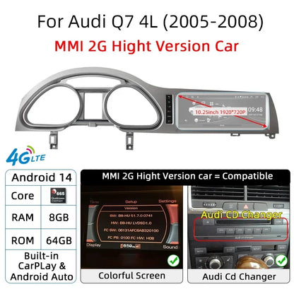 Android 14 8+128GB CarPlay For Audi Q7 4L 2005-2015 MMI 2G 3G GPS Car Multimedia Player Navigation Auto Radio Stereo DSP WIFI