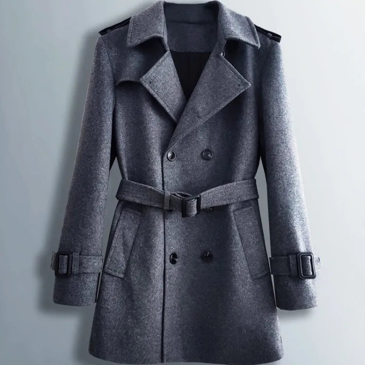 Men Mid Long Woolen Blends Coat Belted Double Breasted Wool Trench Spring New Business Work Windbreaker Classic Outwear Overcoat