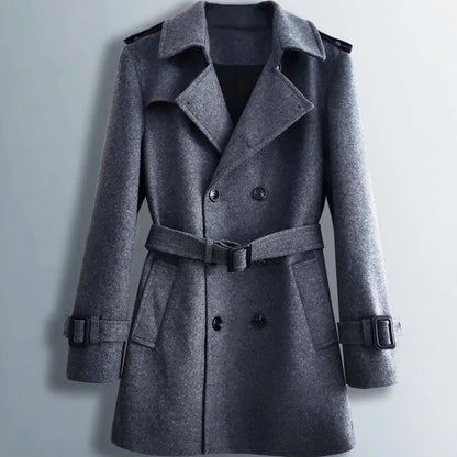 Men Mid Long Woolen Blends Coat Belted Double Breasted Wool Trench Spring New Business Work Windbreaker Classic Outwear Overcoat