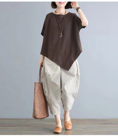 Cotton Blend Loose Fit Casual Women's T-irt And Harlan Pants Set Single Piece Summer Faion Ensemble for plus Size