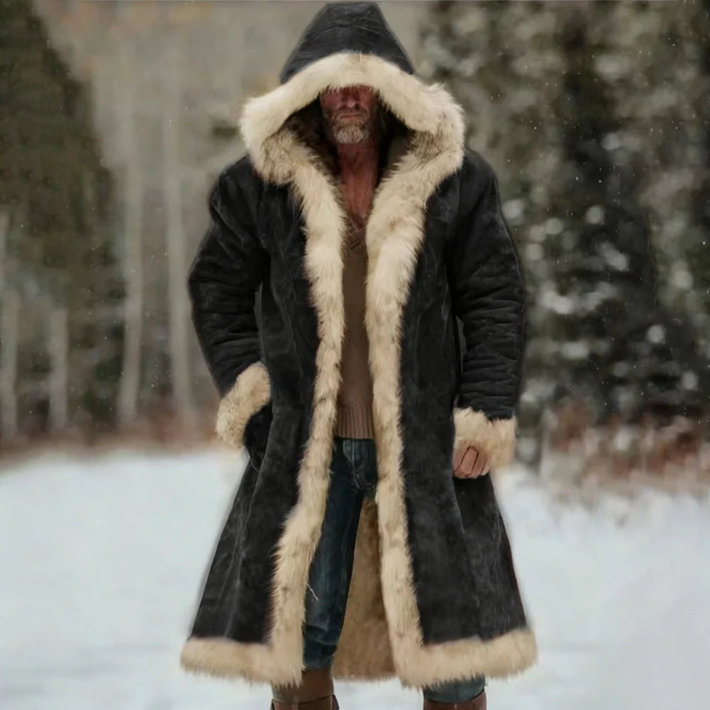 Men's Winter Thickened Hooded Jacket with Fleece Lining Solid Color Coat Long Sleeve Cardigan Style for Casual and Homewear