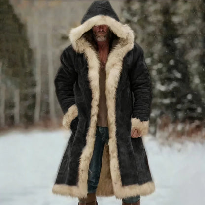 Men's Winter Thickened Hooded Jacket with Fleece Lining Solid Color Coat Long Sleeve Cardigan Style for Casual and Homewear