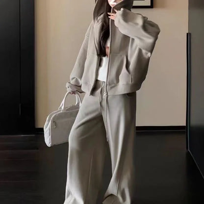 Korean Lazy Style Women's Thickened Fleece Sports Suit Two-Piece Set Casual Wide Leg Pants Hoodie Autumn Winter Fashion