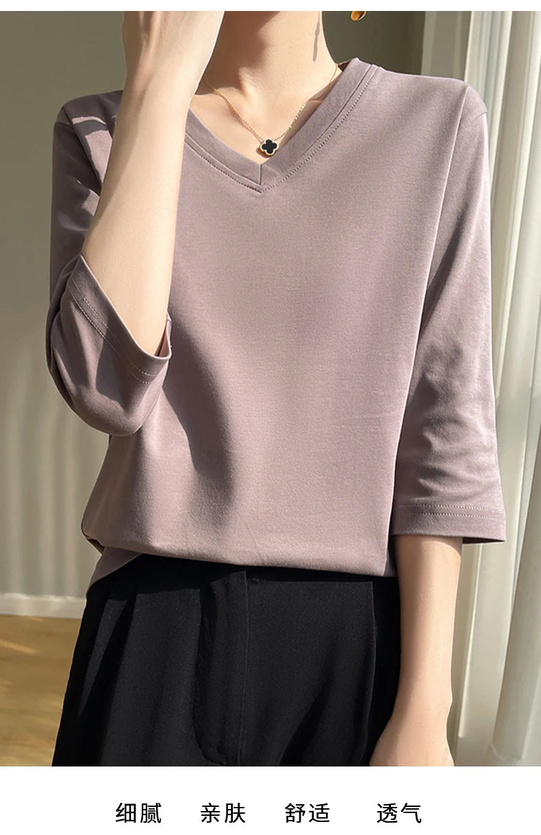 Spring And Summer New White Mercerized Cotton Cropped Sleeve T-shirt Feminine Joker 100% Cotton Bottoming Shirt Half Sleeve