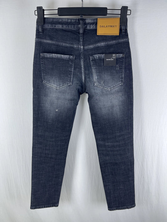 6029 Four Seasons New Men's Washed Ripped Patch Old Slim Fit Feet Black Jeans for Men