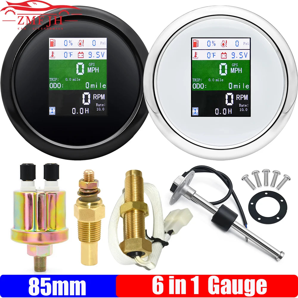 6 In 1 85mm Gauge GPS Speedometer+Tachometer+Fuel Level Gauge+Oil Pressure+Water Temp+Voltage for Car Boat Marine 12V24V Custom