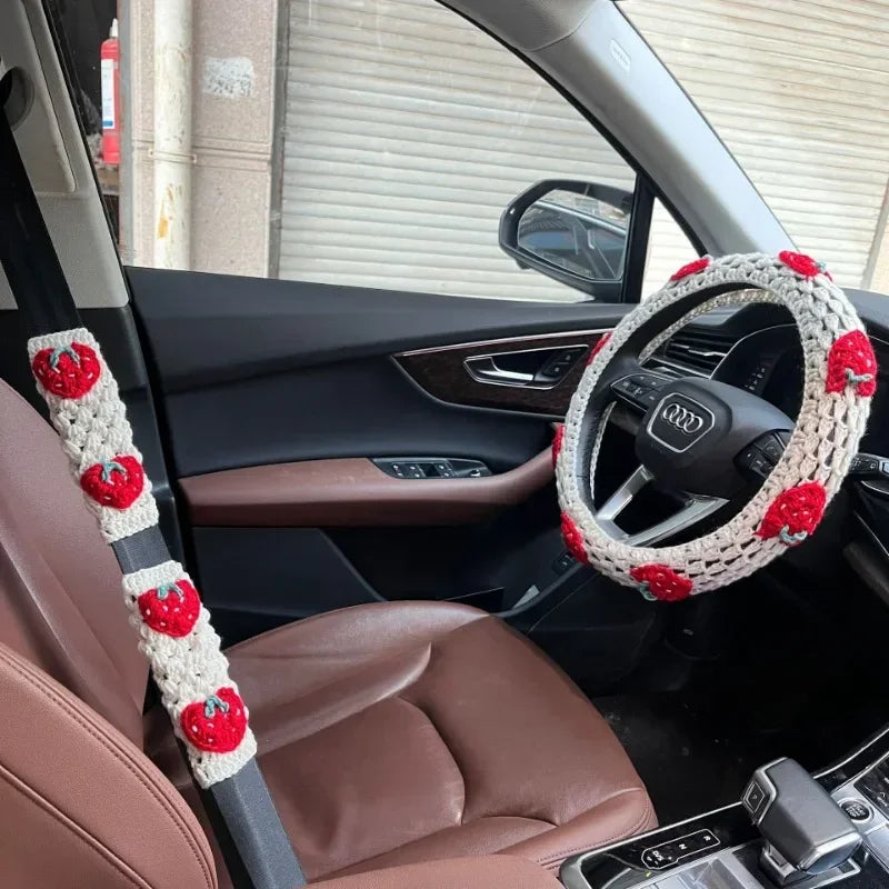 Warm Anti-Slip Hand Crocheted Flower Car Steering Wheel Cover Simple Stylish Winter Car Decor Safe Driving Seat Belt Accessory