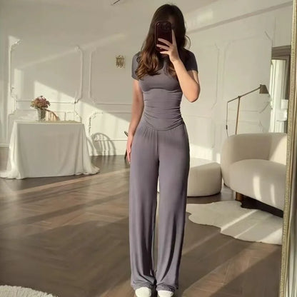 Slimming round Neck  Color Top Wide Leg Pants Fashionable Two Piece Set Summer New Style Casual Wear Polyester Fiber