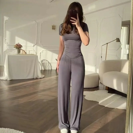 Slimming round Neck  Color Top Wide Leg Pants Fashionable Two Piece Set Summer New Style Casual Wear Polyester Fiber