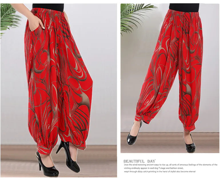 High Waist Lantern Pants Casual Cotton Silk Large Size Printed Long Trousers for Middle-Aged And Elderly Women