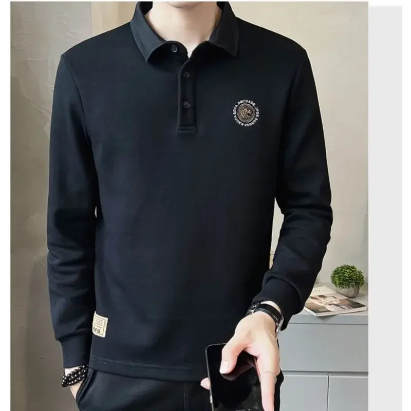 Korean Autumn New Polo T Shirt for Men 100℅ Cotton Pullovers Elasticity Social Xl Cheap Clothes Long Sleeve Xxl Man Sweatshirt