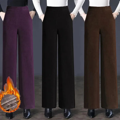 High Quality Fleece Lined Wide Leg Pants Thickened Corduroy Straight Cut Casual Trousers for Women Winter 2025 Warmth Elastic...