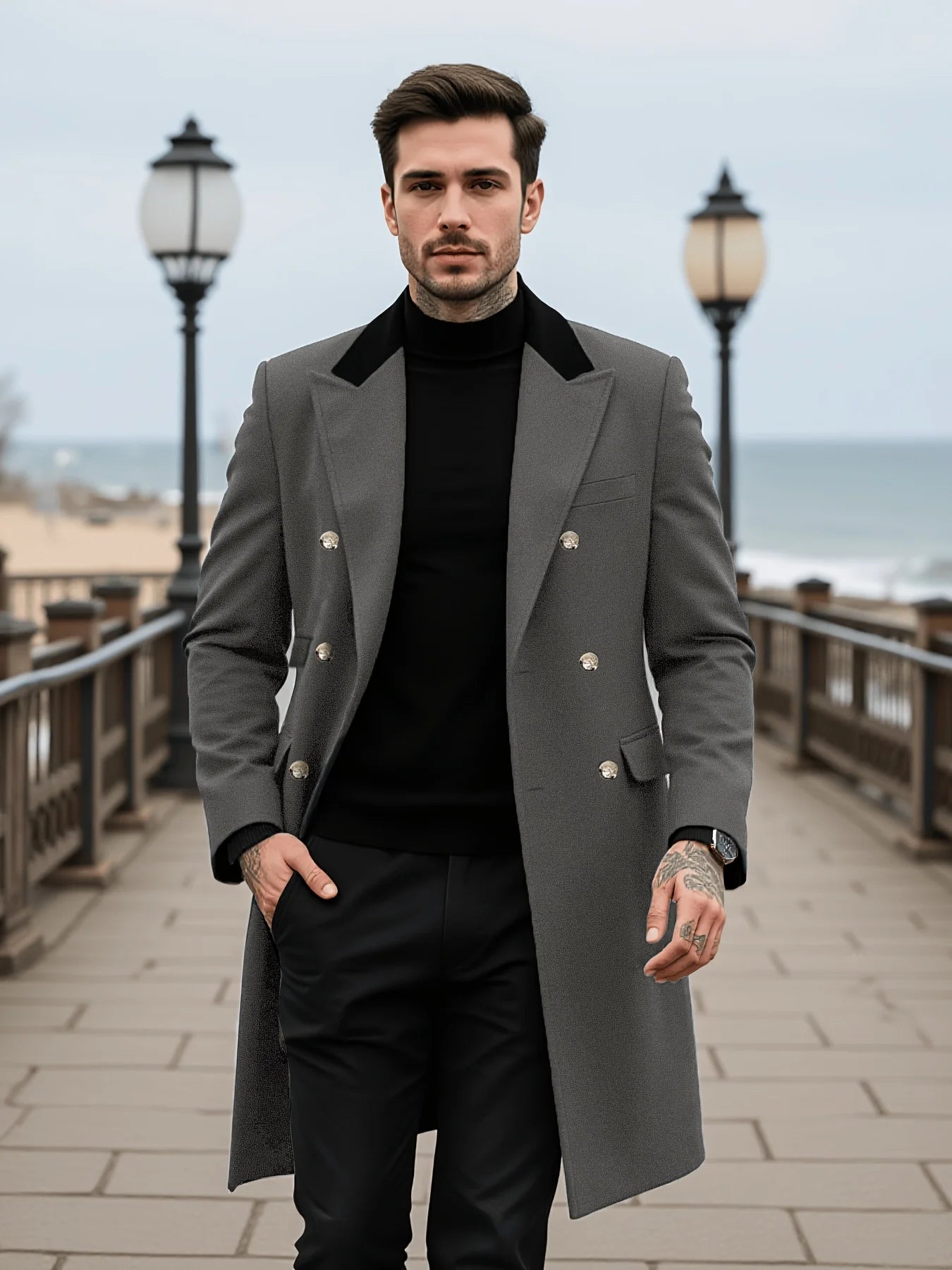 Men's Double-Breasted Wool Overcoat Thickened for Extreme Cold Patchwork Windbreaker Coat Windproof Street Style Tailoring