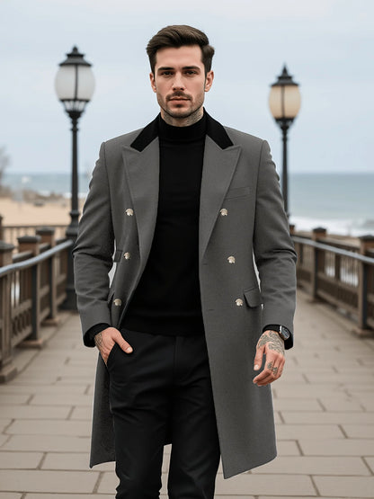 Men's Double-Breasted Wool Overcoat Thickened for Extreme Cold Patchwork Windbreaker Coat Windproof Street Style Tailoring