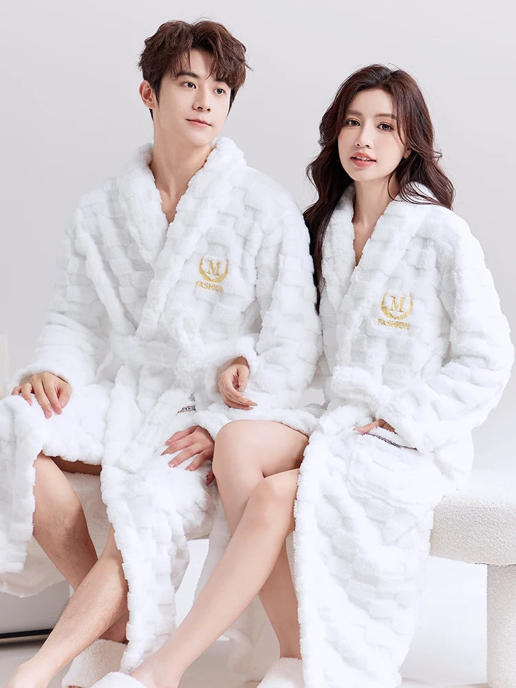 Thiened Coral Fce Robe Long Plu Spwear for Couples Autumn Winter Sle Home Clothes Outerwear Polyester Fiber