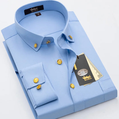 2026 Spring/Autumn New Men's Luxury Brass Button Long Sleeve Business Casual Shirt Ironing Resistant Office Work Shirts as Gift