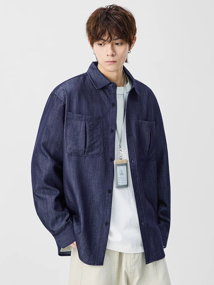 Men's Denim Shirts with 2 Chest Pockets Korean Fashion Long Sleeve Casual Shirt Workwear Retro Tops