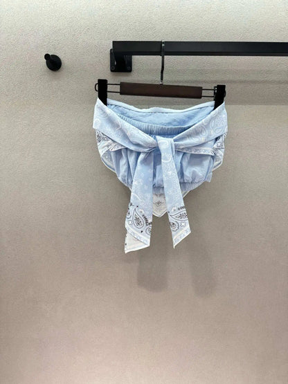 Mediterranean Style Silk Scarf Printed Shirt Loose Top Strapless Short Skirt Set Casual Women's Clothing 26's New