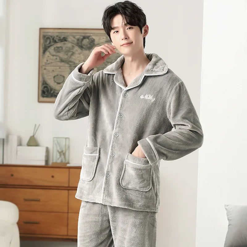 Men's Winter Thickened Fleece Pajamas Coral Velvet Home Clothes Set New Style Long Sleeve Stand Collar Couple's Outfit
