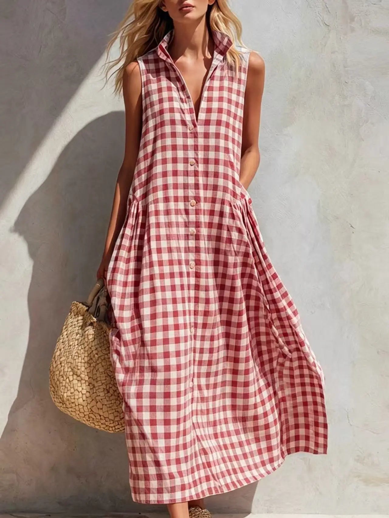 2026 Women Vintage Plaid Dress Sleeveless V-Neck Loose Midi Dresses French Retro Summer Beach Vacation Casual Chic Boho Sundress