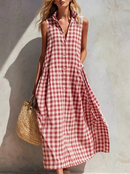 2026 Women Vintage Plaid Dress Sleeveless V-Neck Loose Midi Dresses French Retro Summer Beach Vacation Casual Chic Boho Sundress