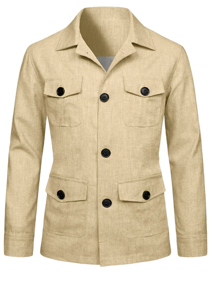 Men's Linen Blend Safari Jacket Retro British Style Multi-Pocket Workwear Coat Business Casual Suit Blazer for Spring Summer